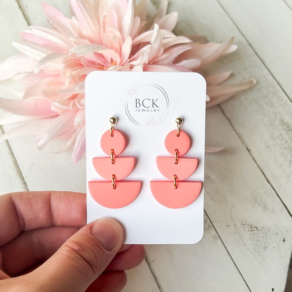 New handmade polymer clay earrings by BCKjewelry bright coral statement earrings - Picture 4 of 10